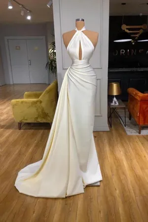 2024 Ivory Halter Mermaid Prom Dresses Long Satin Pageant Dress Split Detachable Train