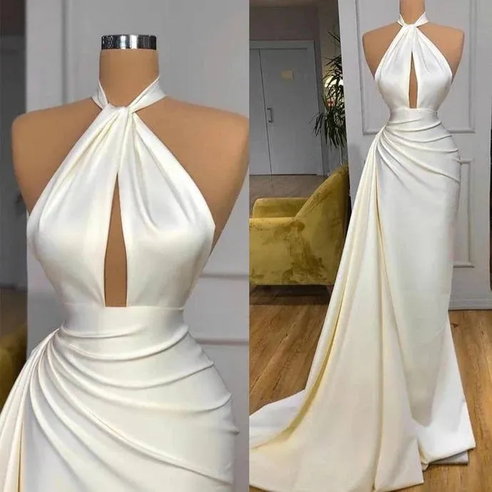 2024 Ivory Halter Mermaid Prom Dresses Long Satin Pageant Dress Split Detachable Train
