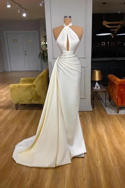 2024 Ivory Halter Mermaid Prom Dresses Long Satin Pageant Dress Split Detachable Train