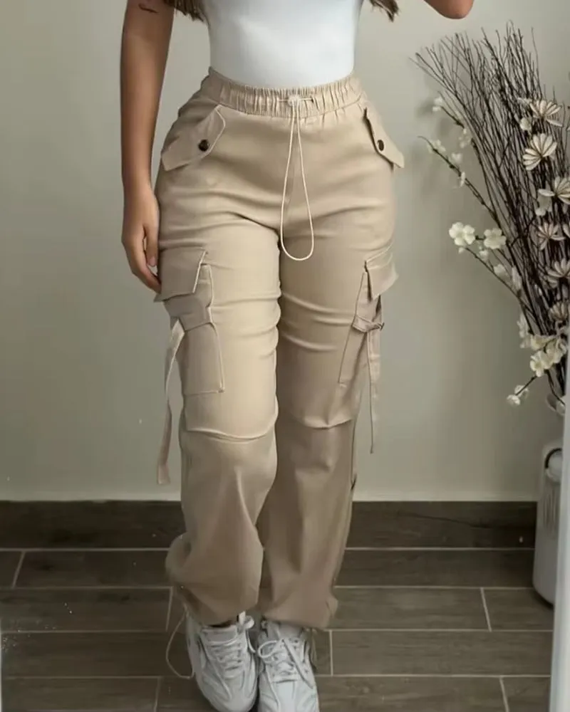 2024 New Fashion Womens Pants Elegant Pocket Design Drawstring Cuffed Pants Female Trouser Casual Bottom Female Clothing Outfits