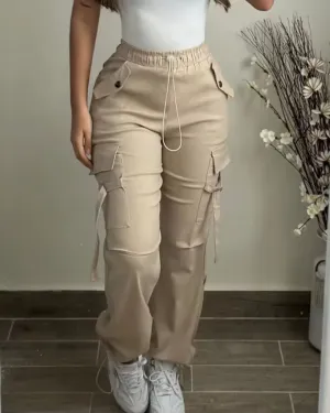 2024 New Fashion Womens Pants Elegant Pocket Design Drawstring Cuffed Pants Female Trouser Casual Bottom Female Clothing Outfits