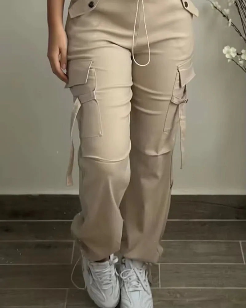 2024 New Fashion Womens Pants Elegant Pocket Design Drawstring Cuffed Pants Female Trouser Casual Bottom Female Clothing Outfits