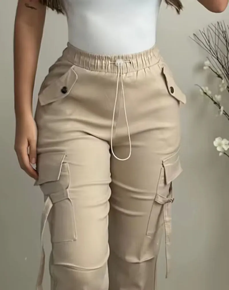 2024 New Fashion Womens Pants Elegant Pocket Design Drawstring Cuffed Pants Female Trouser Casual Bottom Female Clothing Outfits