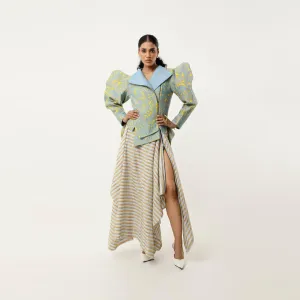 3D SLEEVED FLORAL CUTWORK JACKET WITH ASSYMETRICAL LINEN SKIRT