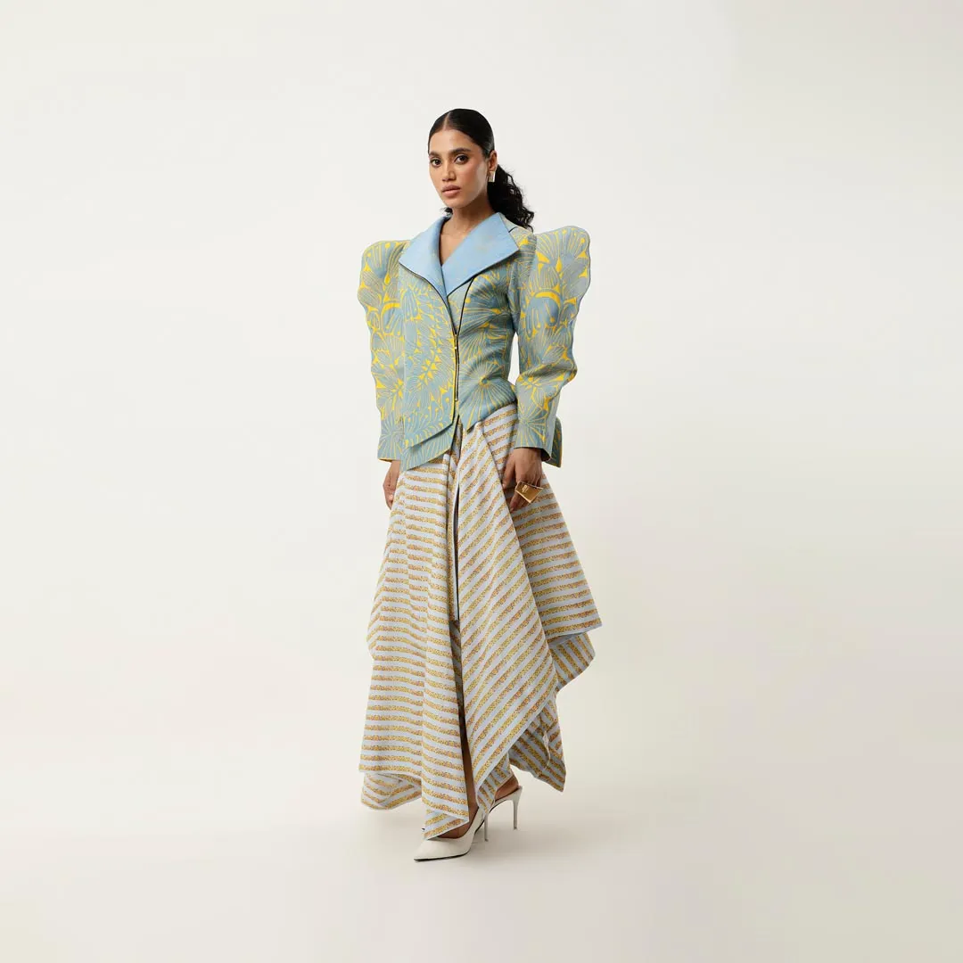 3D SLEEVED FLORAL CUTWORK JACKET WITH ASSYMETRICAL LINEN SKIRT
