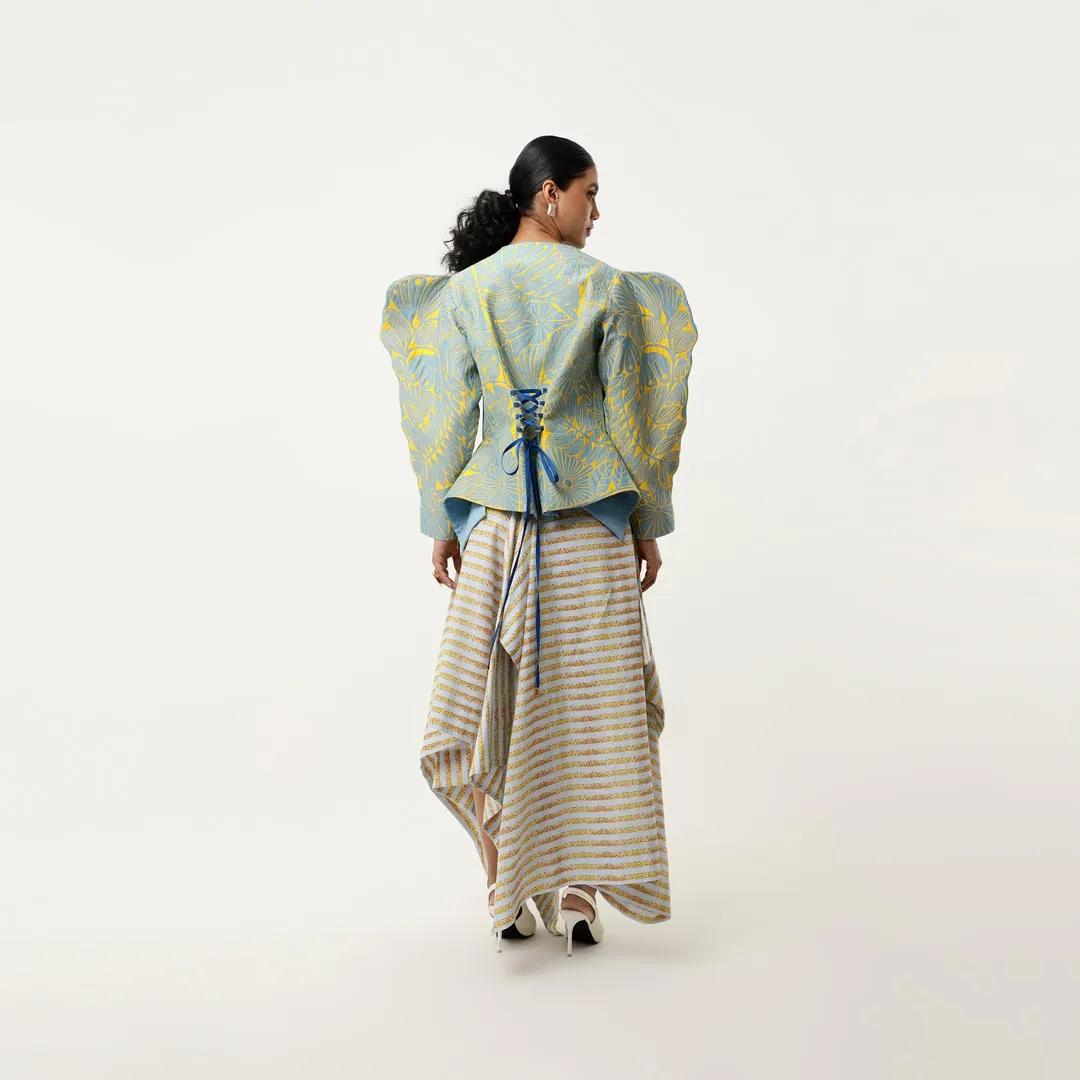 3D SLEEVED FLORAL CUTWORK JACKET WITH ASSYMETRICAL LINEN SKIRT