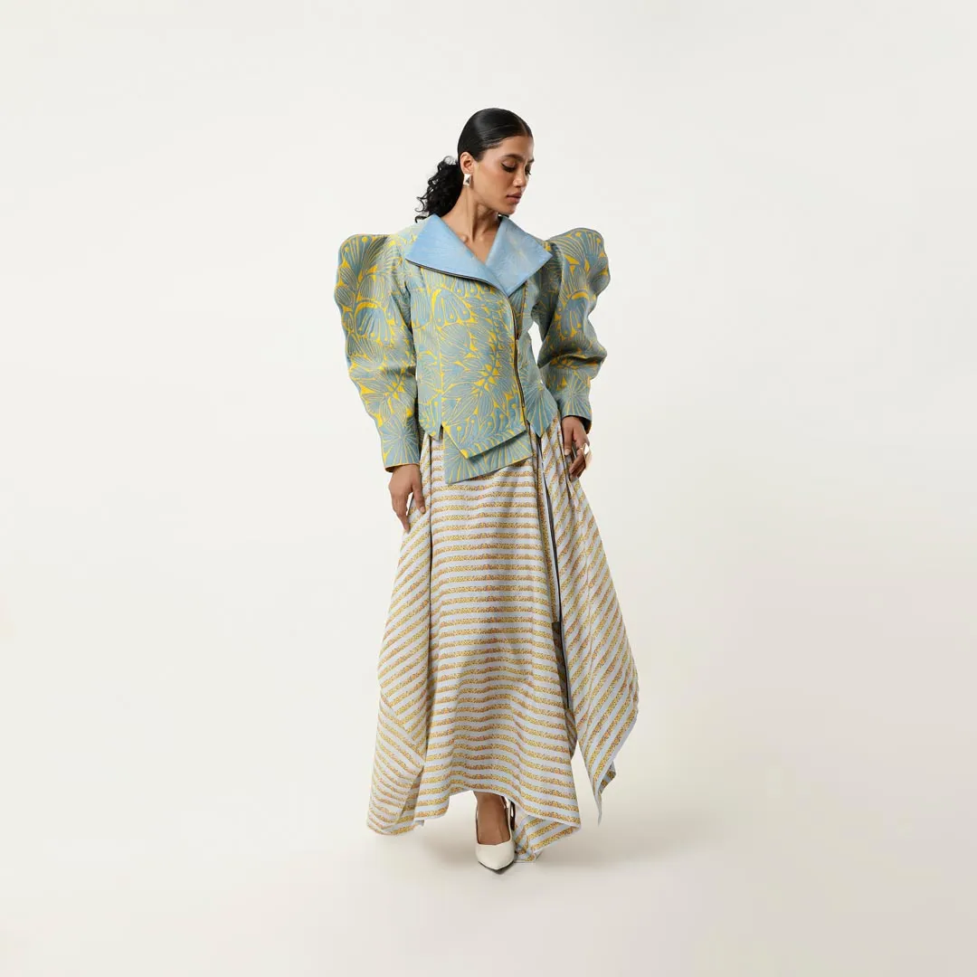 3D SLEEVED FLORAL CUTWORK JACKET WITH ASSYMETRICAL LINEN SKIRT