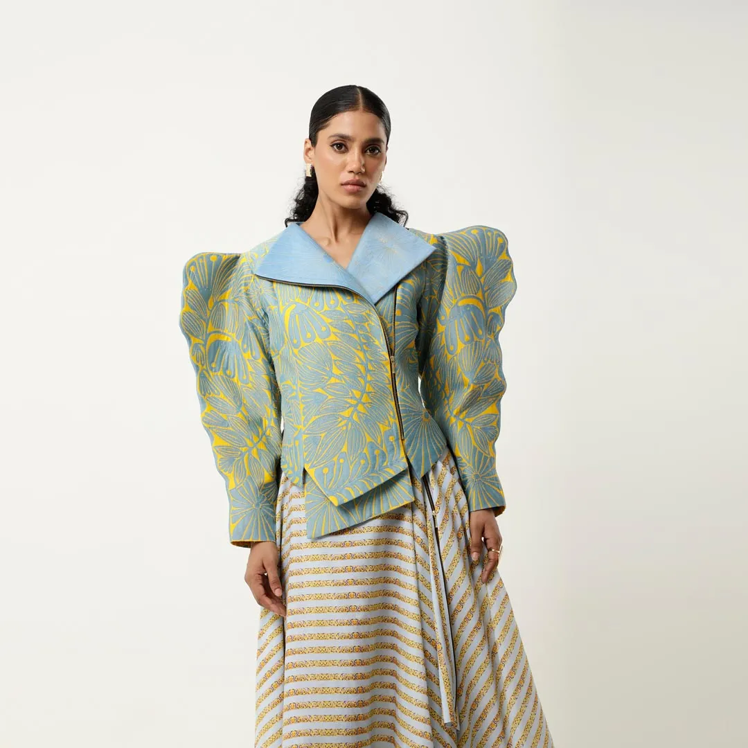 3D SLEEVED FLORAL CUTWORK JACKET WITH ASSYMETRICAL LINEN SKIRT