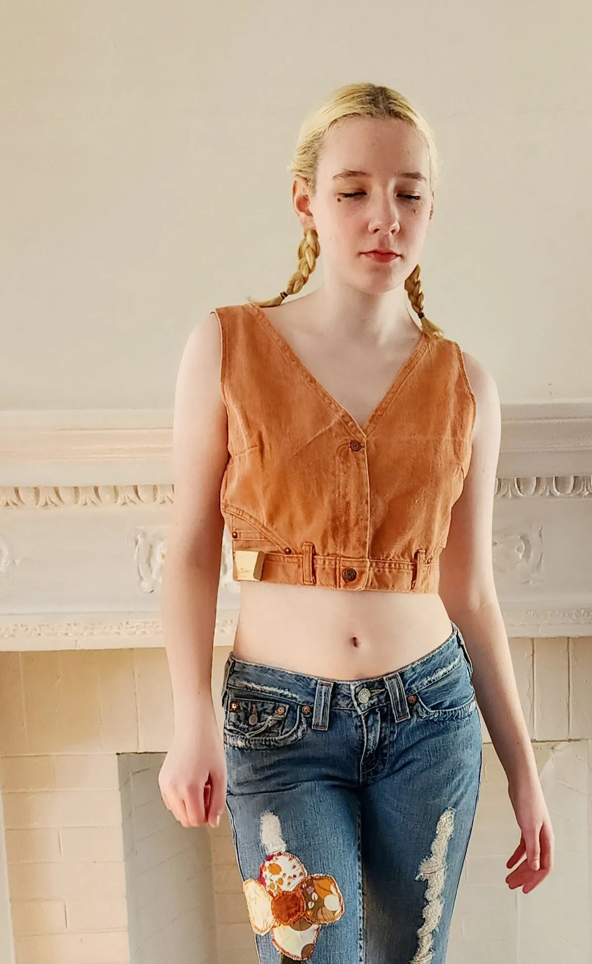 70s Denim Vest / Sleeveless Orange Crop Top by Landlubber NWT