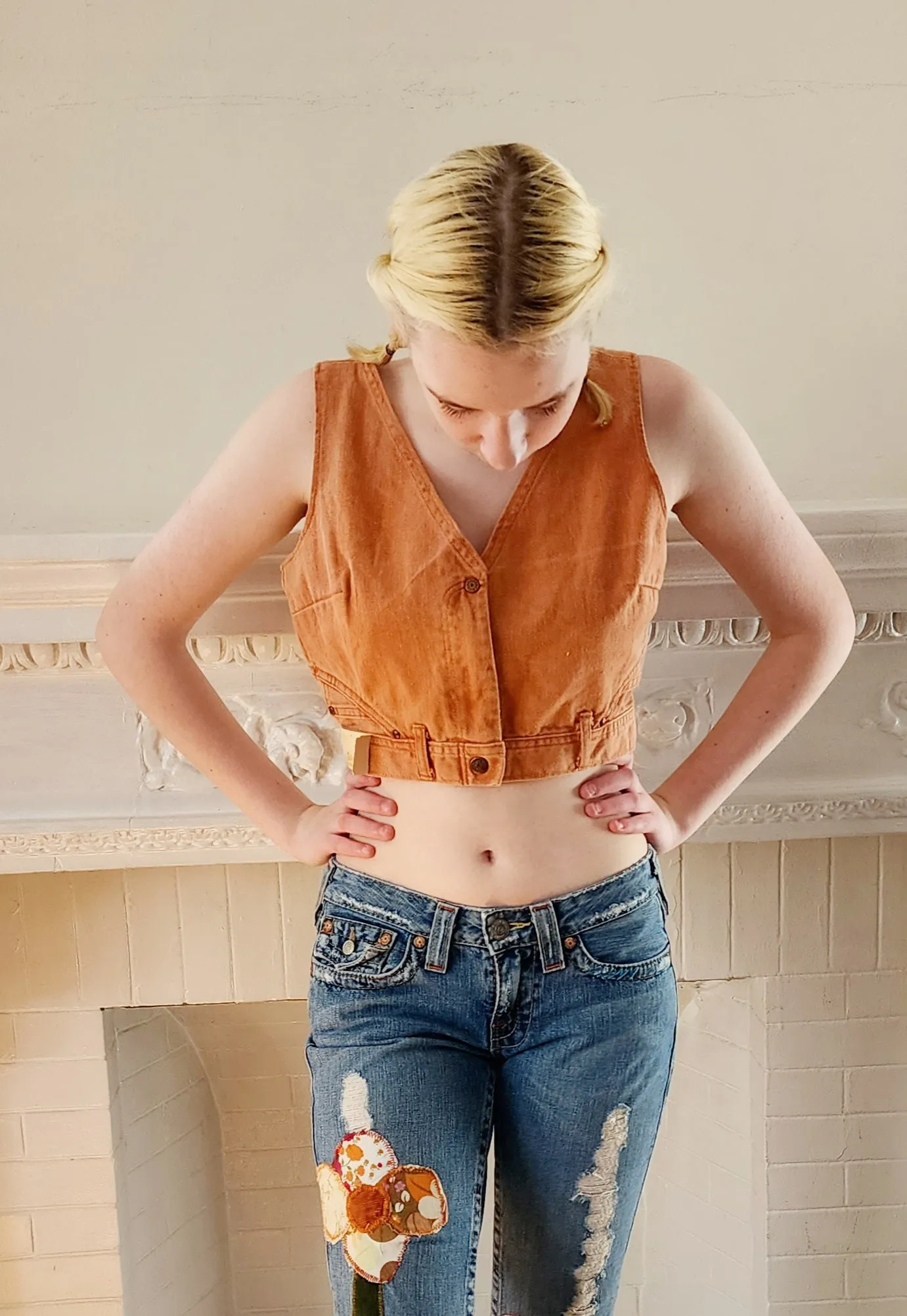 70s Denim Vest / Sleeveless Orange Crop Top by Landlubber NWT