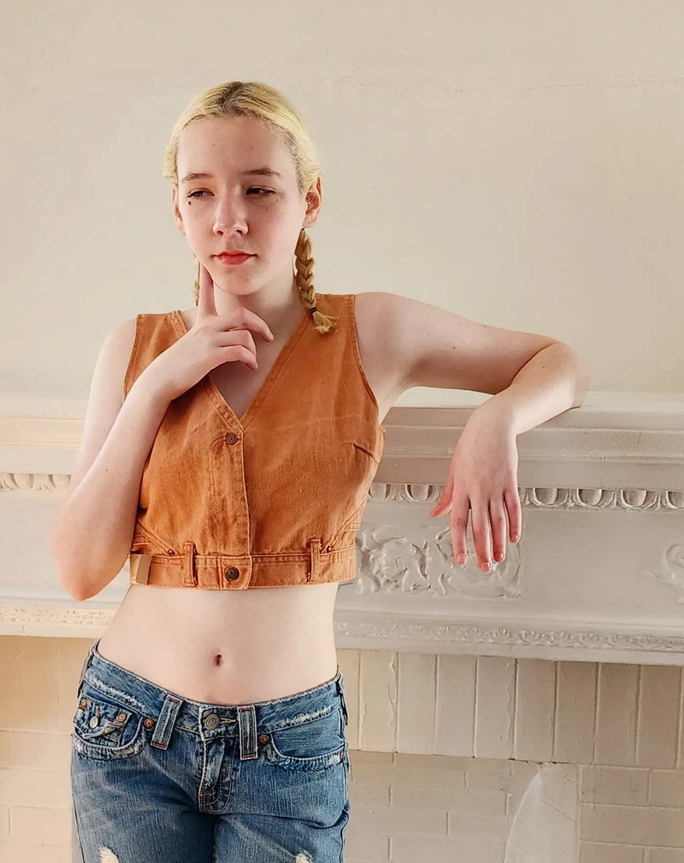 70s Denim Vest / Sleeveless Orange Crop Top by Landlubber NWT