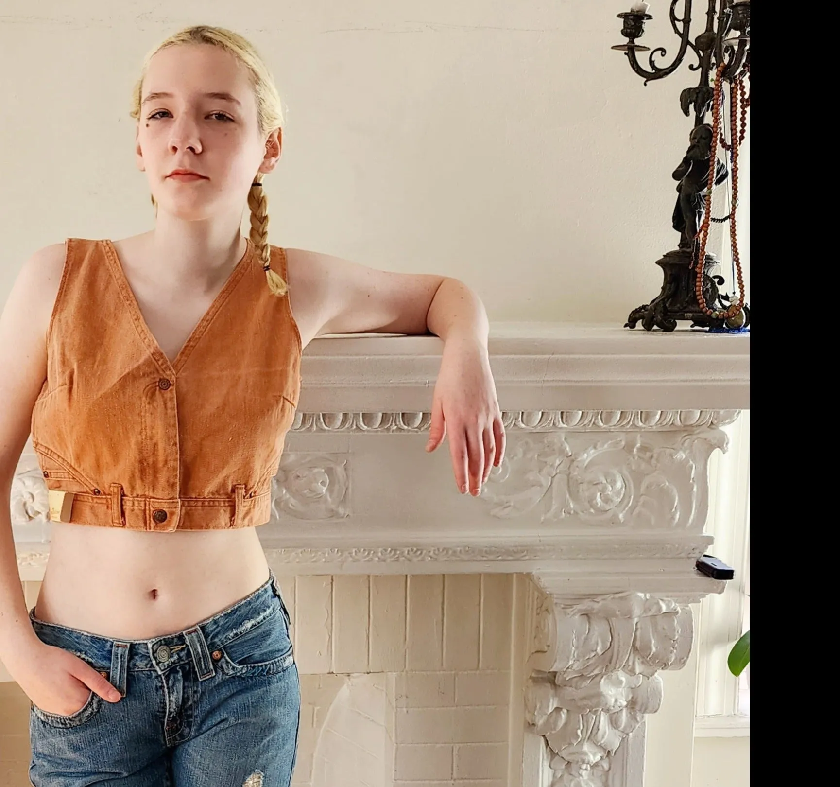 70s Denim Vest / Sleeveless Orange Crop Top by Landlubber NWT