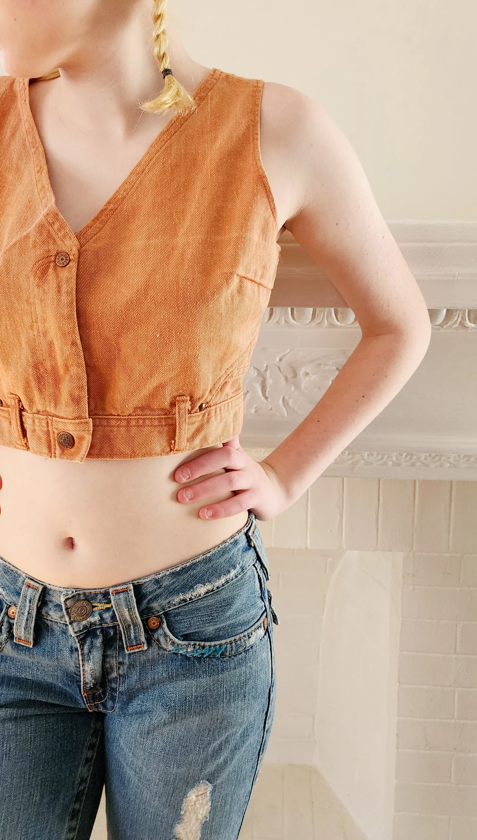70s Denim Vest / Sleeveless Orange Crop Top by Landlubber NWT