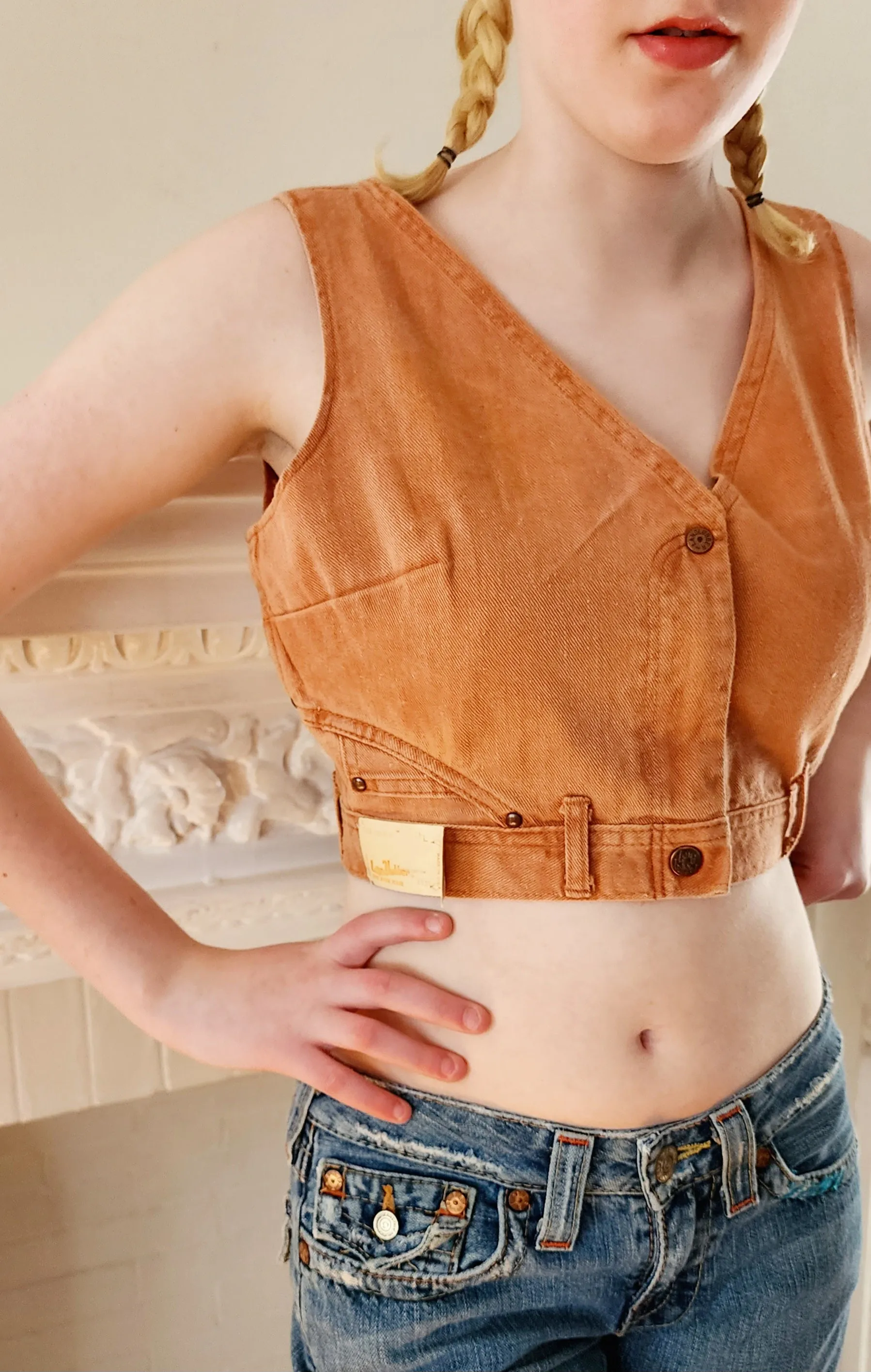 70s Denim Vest / Sleeveless Orange Crop Top by Landlubber NWT
