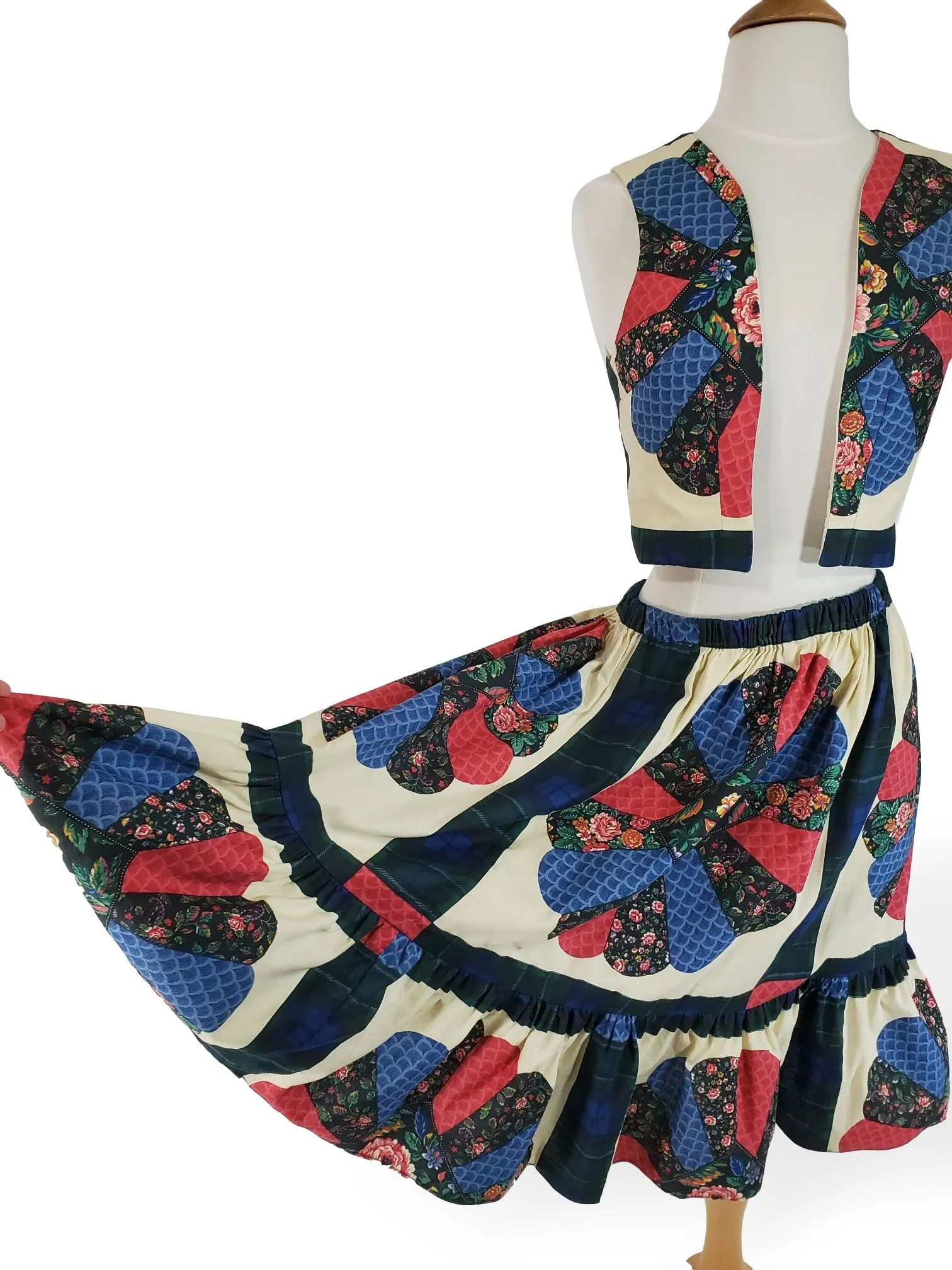 70s/80s Patchwork Print Skirt and Vest Set