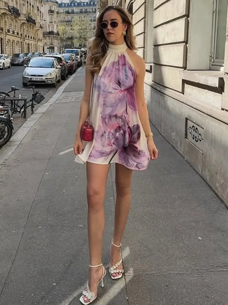ADVBRIDGE  -  Printed Halter Short Dress Hanging Neck Satin Pleated High Neck Backless Fluffy Baggy Fashion Beach Dresses Women's Clothing