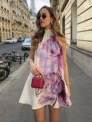 ADVBRIDGE  -  Printed Halter Short Dress Hanging Neck Satin Pleated High Neck Backless Fluffy Baggy Fashion Beach Dresses Women's Clothing