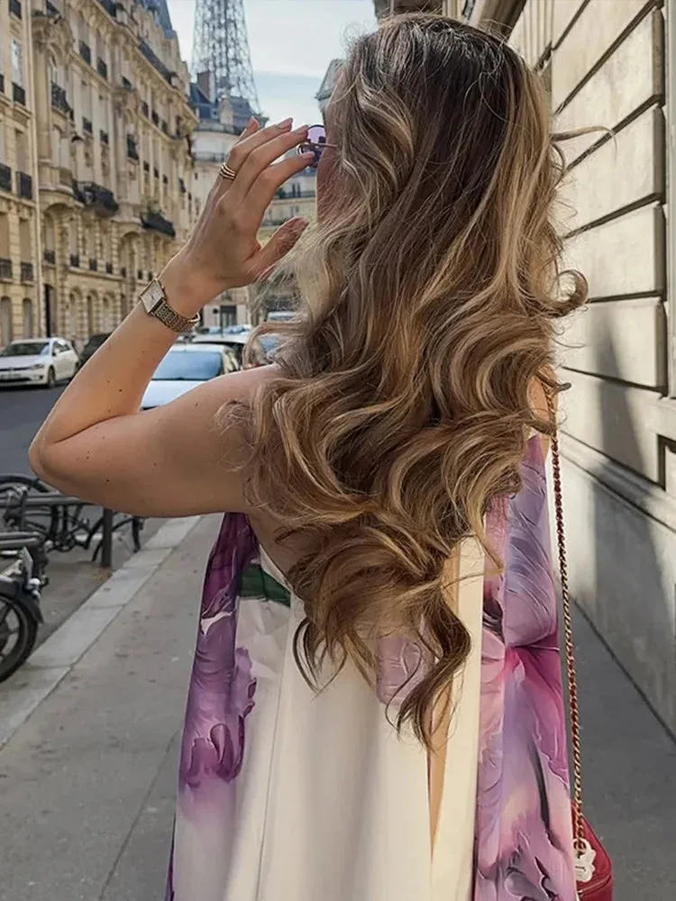 ADVBRIDGE  -  Printed Halter Short Dress Hanging Neck Satin Pleated High Neck Backless Fluffy Baggy Fashion Beach Dresses Women's Clothing