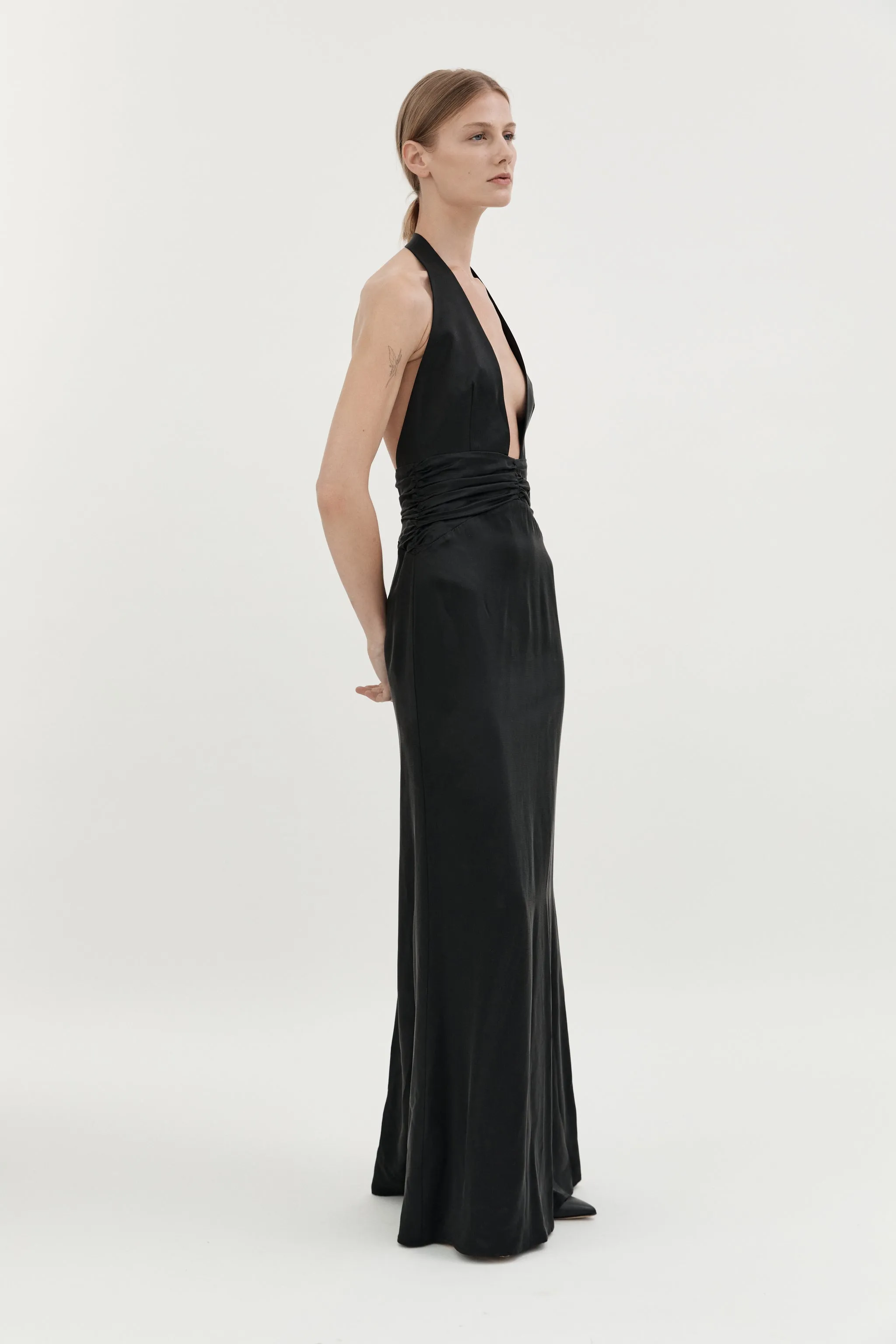 AGNES SILK HALTER GOWN - BLACK