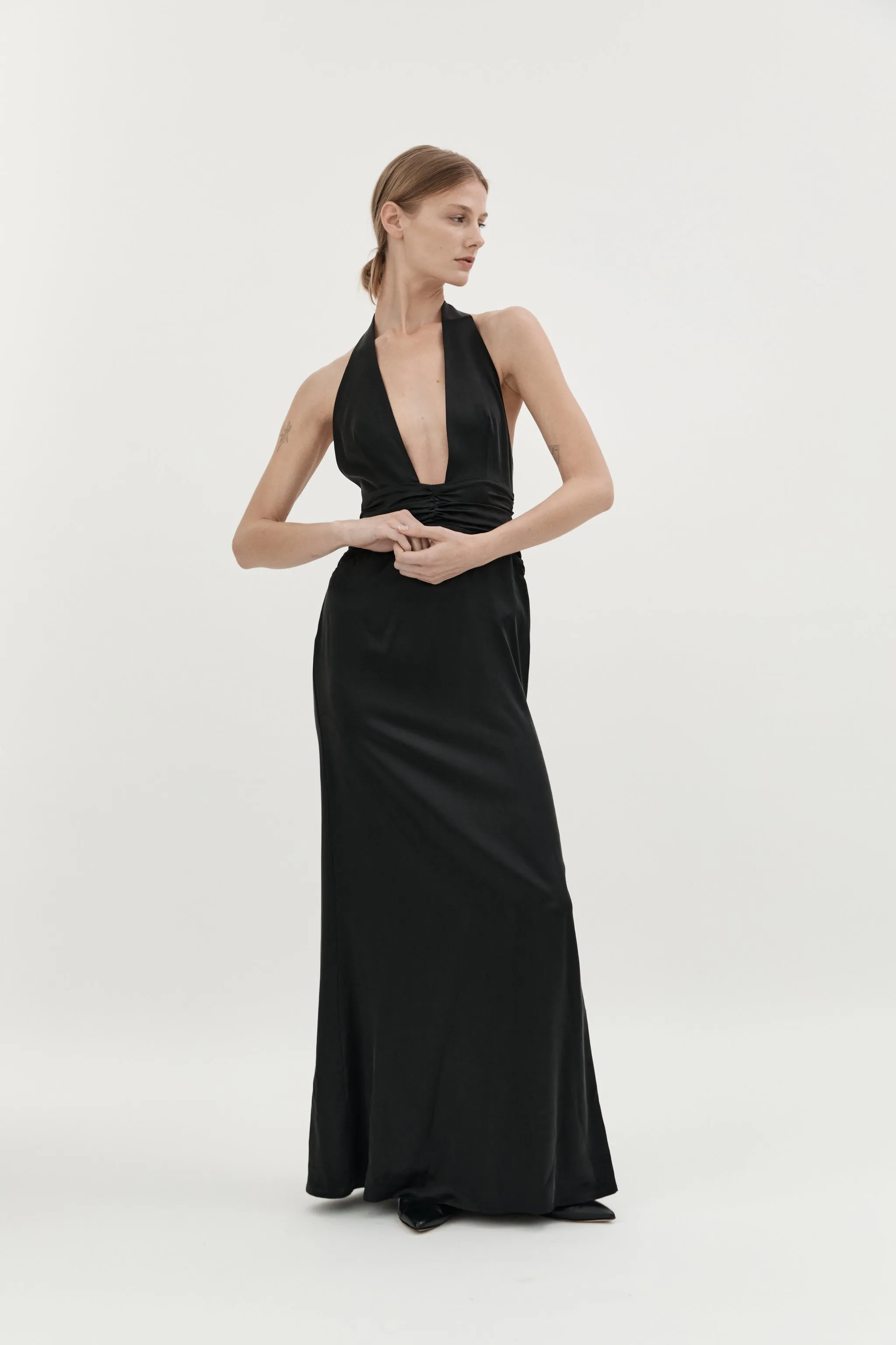 AGNES SILK HALTER GOWN - BLACK