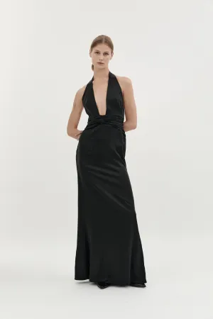 AGNES SILK HALTER GOWN - BLACK