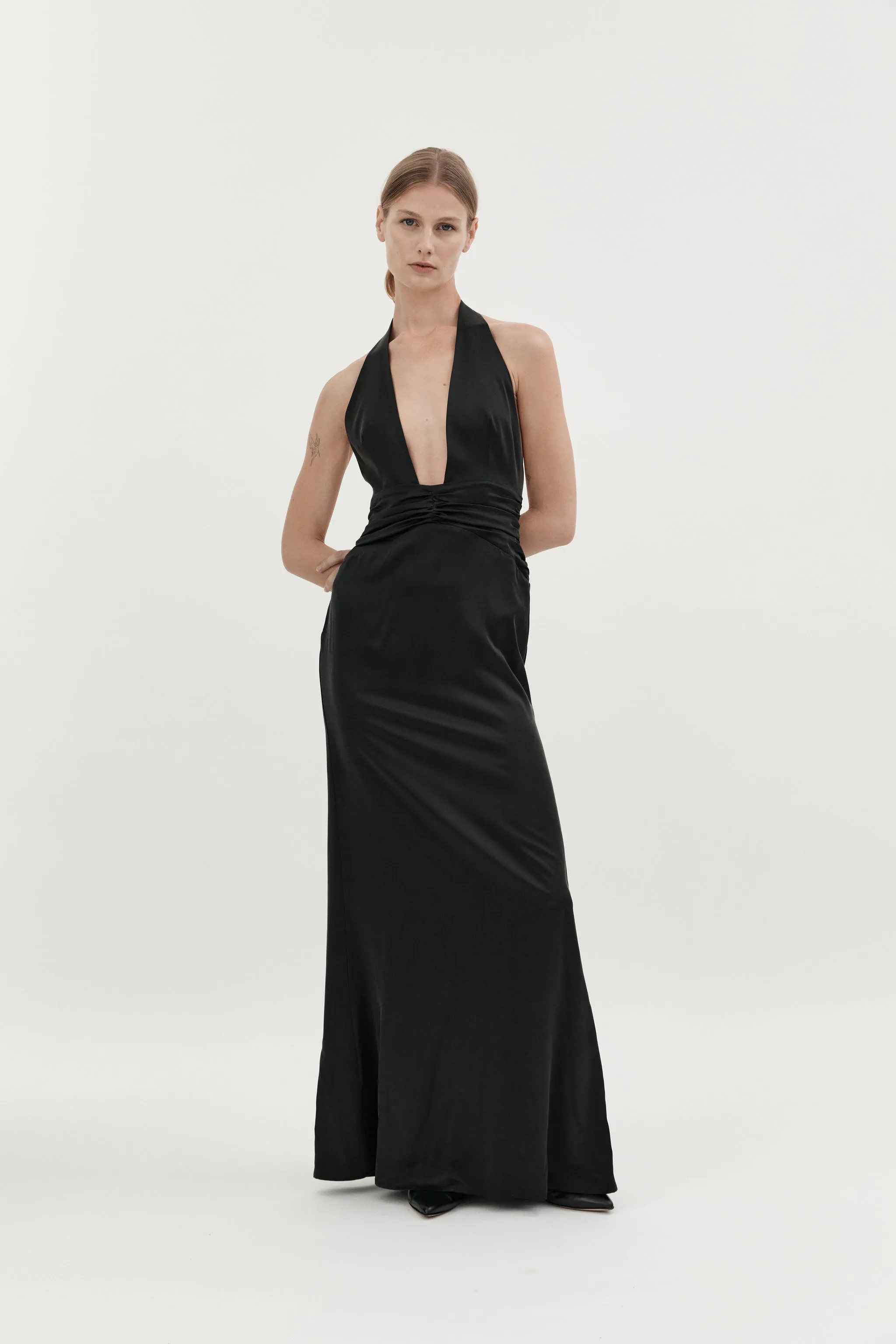 AGNES SILK HALTER GOWN - BLACK