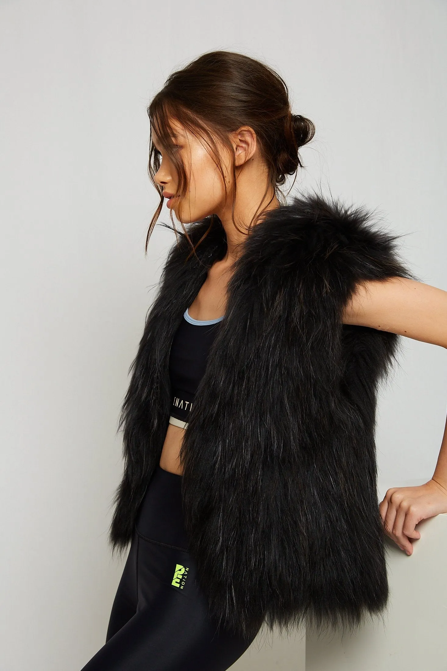 Alba Hooded Fur Vest in Onyx