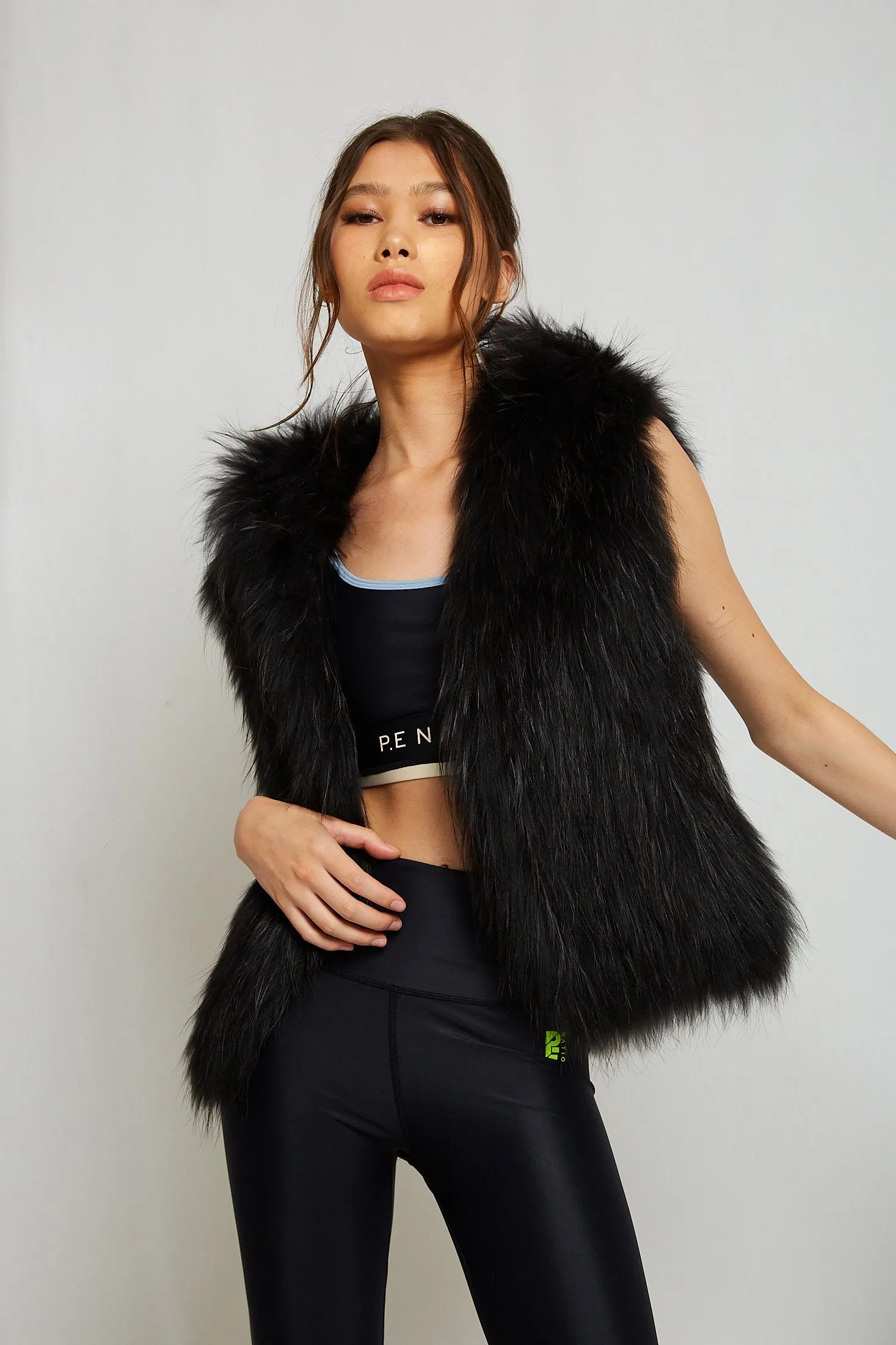 Alba Hooded Fur Vest in Onyx