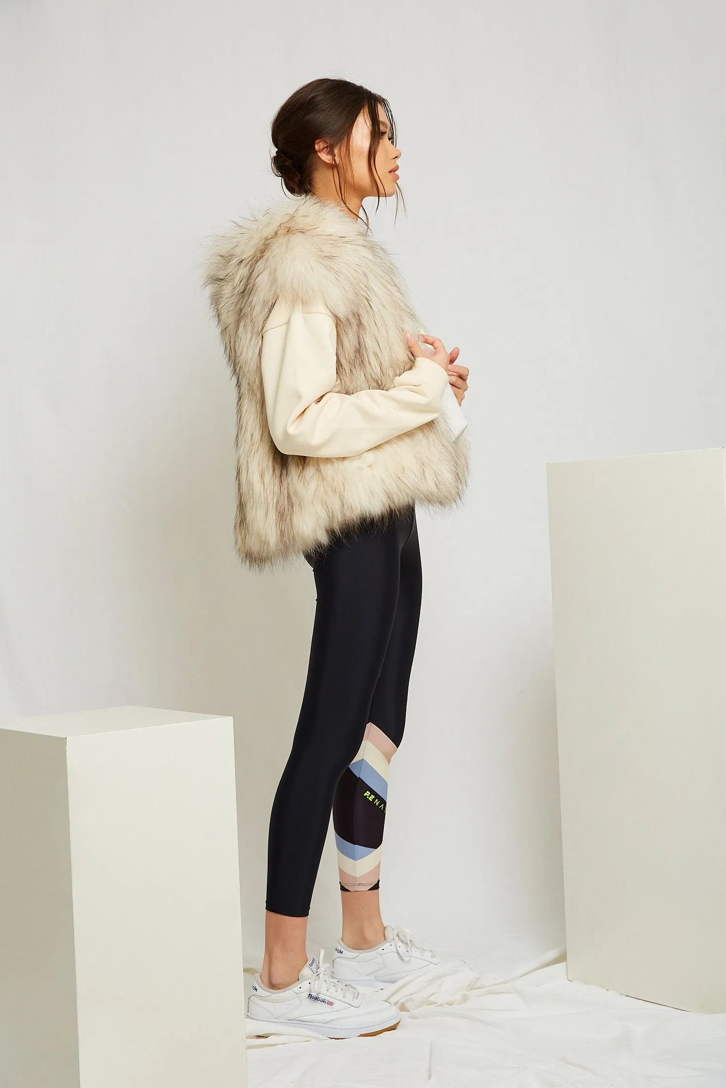 Alba Hooded Fur Vest in Snow with Flecks
