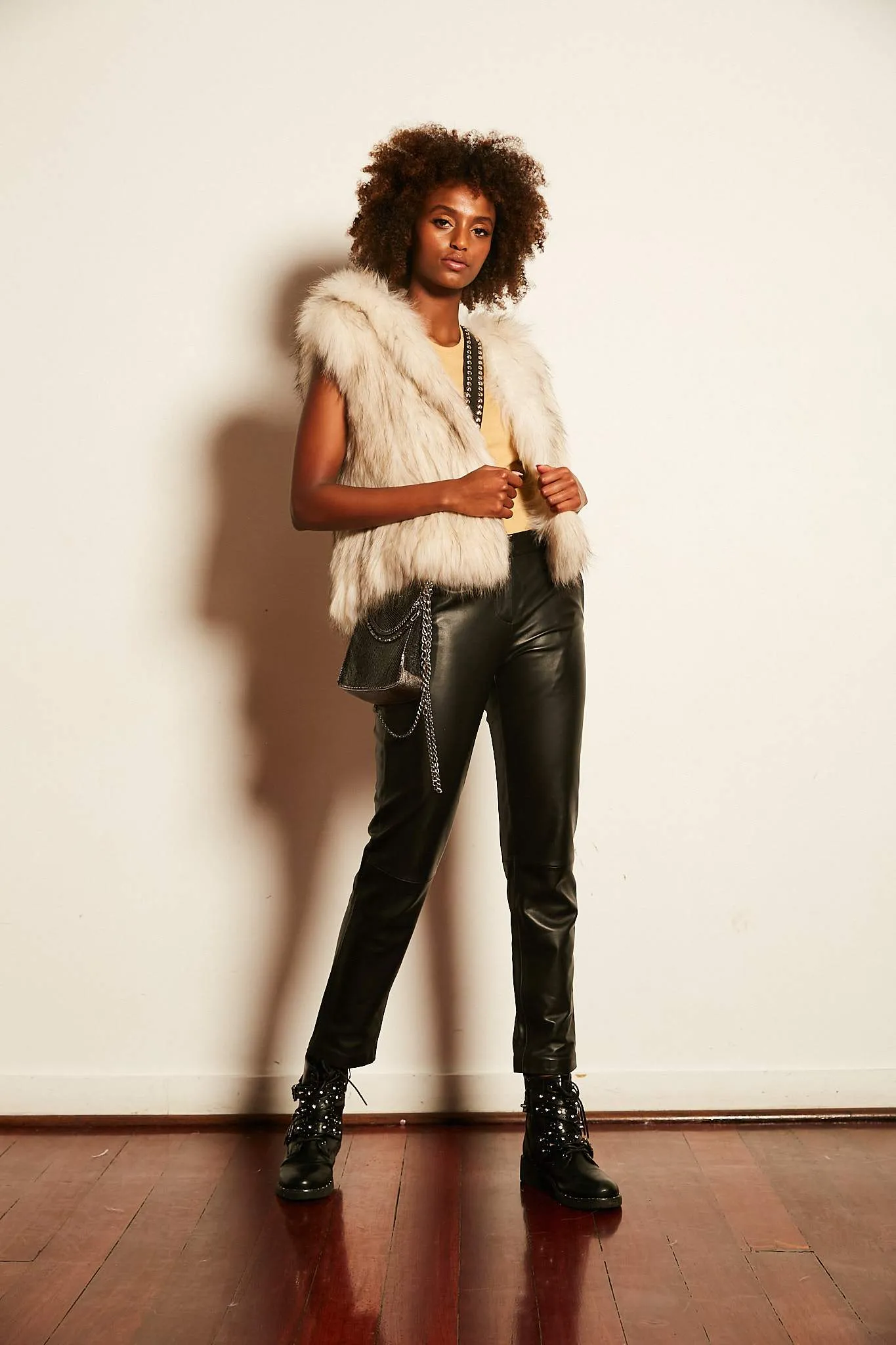 Alba Hooded Fur Vest in Snow with Flecks
