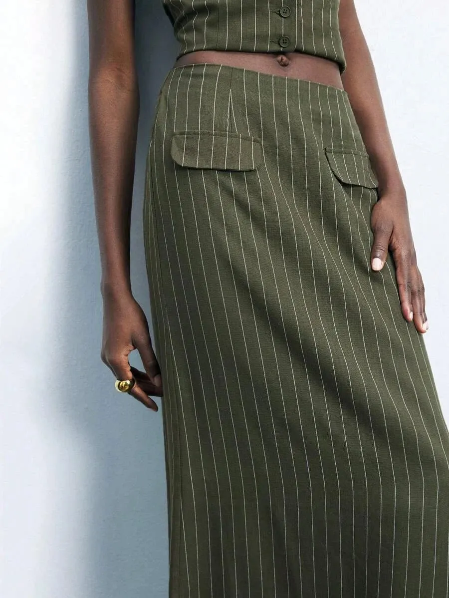 Alessandrina Long Pinstripe Skirt and Vest Set in Army Green