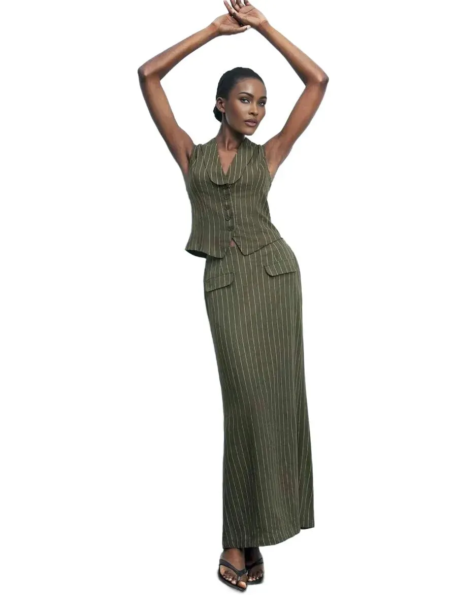 Alessandrina Long Pinstripe Skirt and Vest Set in Army Green