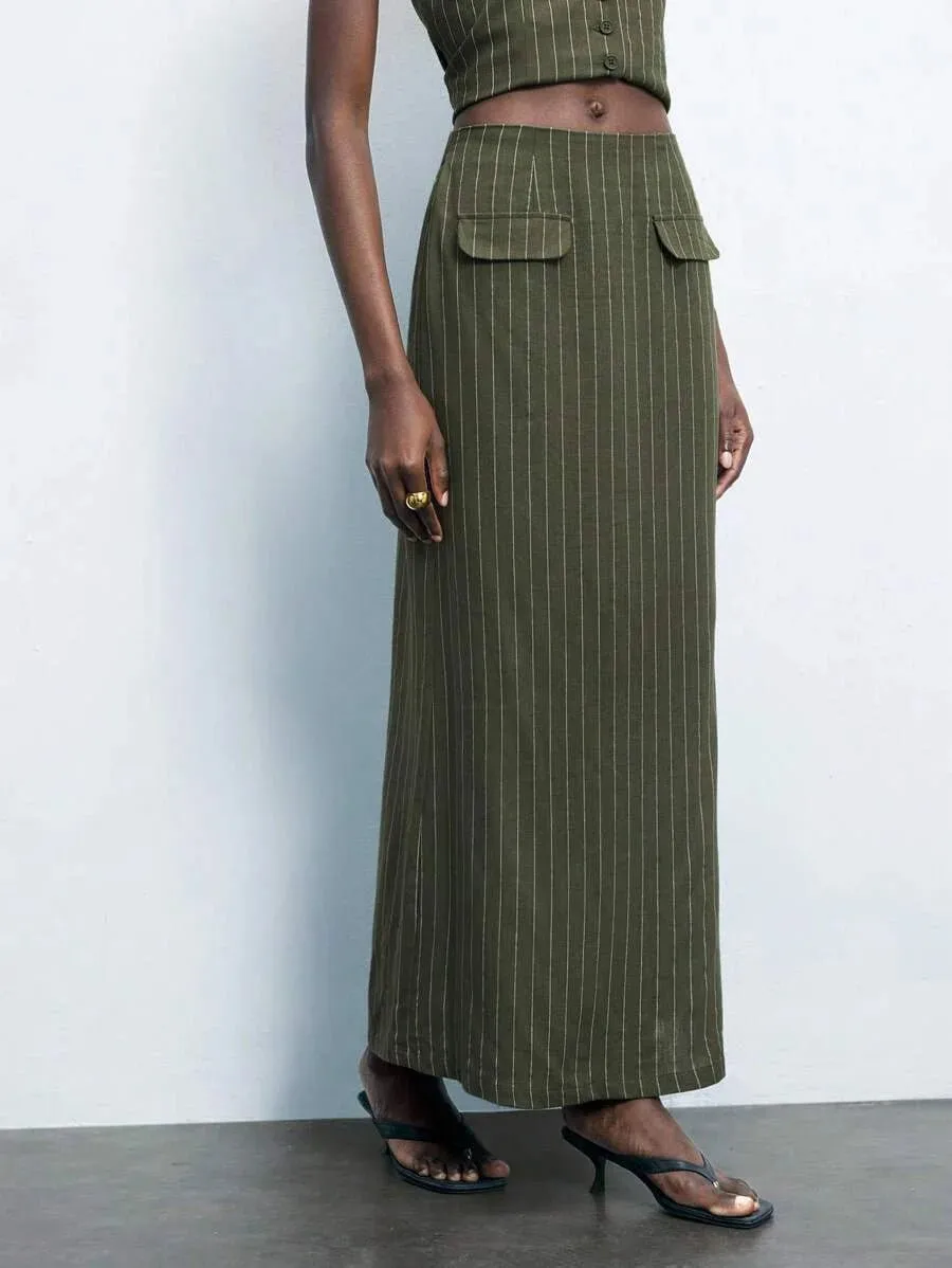 Alessandrina Long Pinstripe Skirt and Vest Set in Army Green