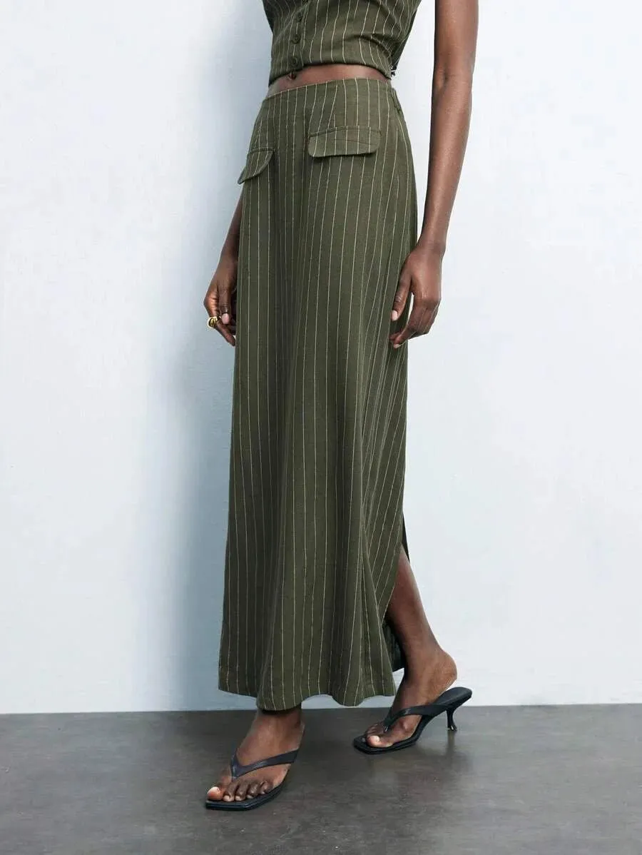 Alessandrina Long Pinstripe Skirt and Vest Set in Army Green