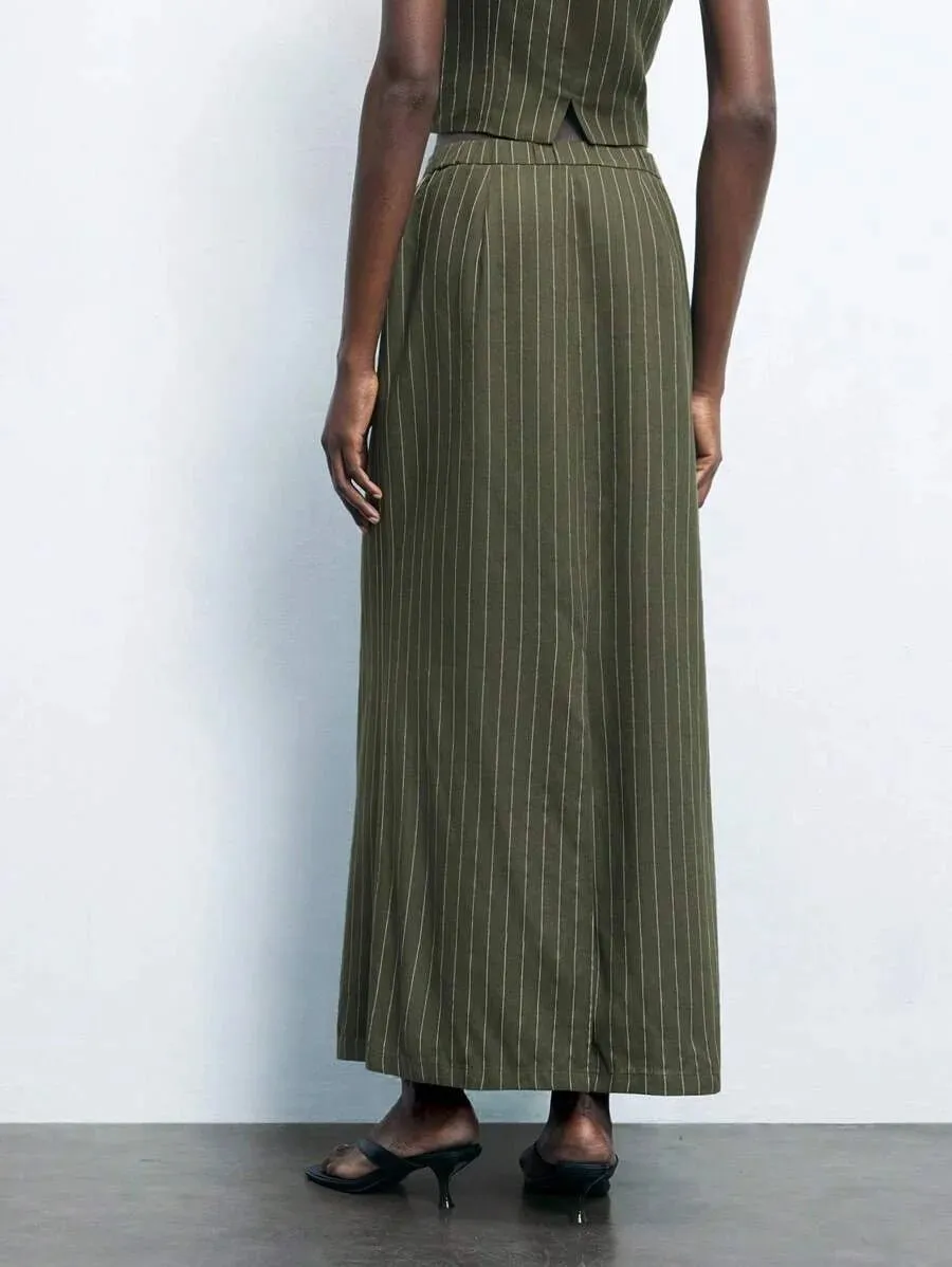Alessandrina Long Pinstripe Skirt and Vest Set in Army Green