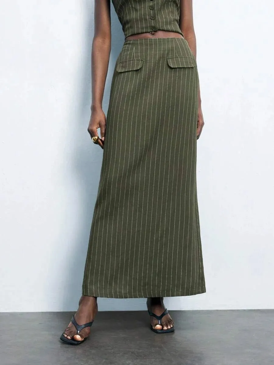 Alessandrina Long Pinstripe Skirt and Vest Set in Army Green