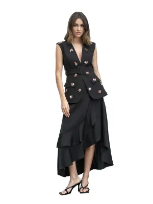 Aubree Blazer with Floral Appliqué and Belted Design in Black