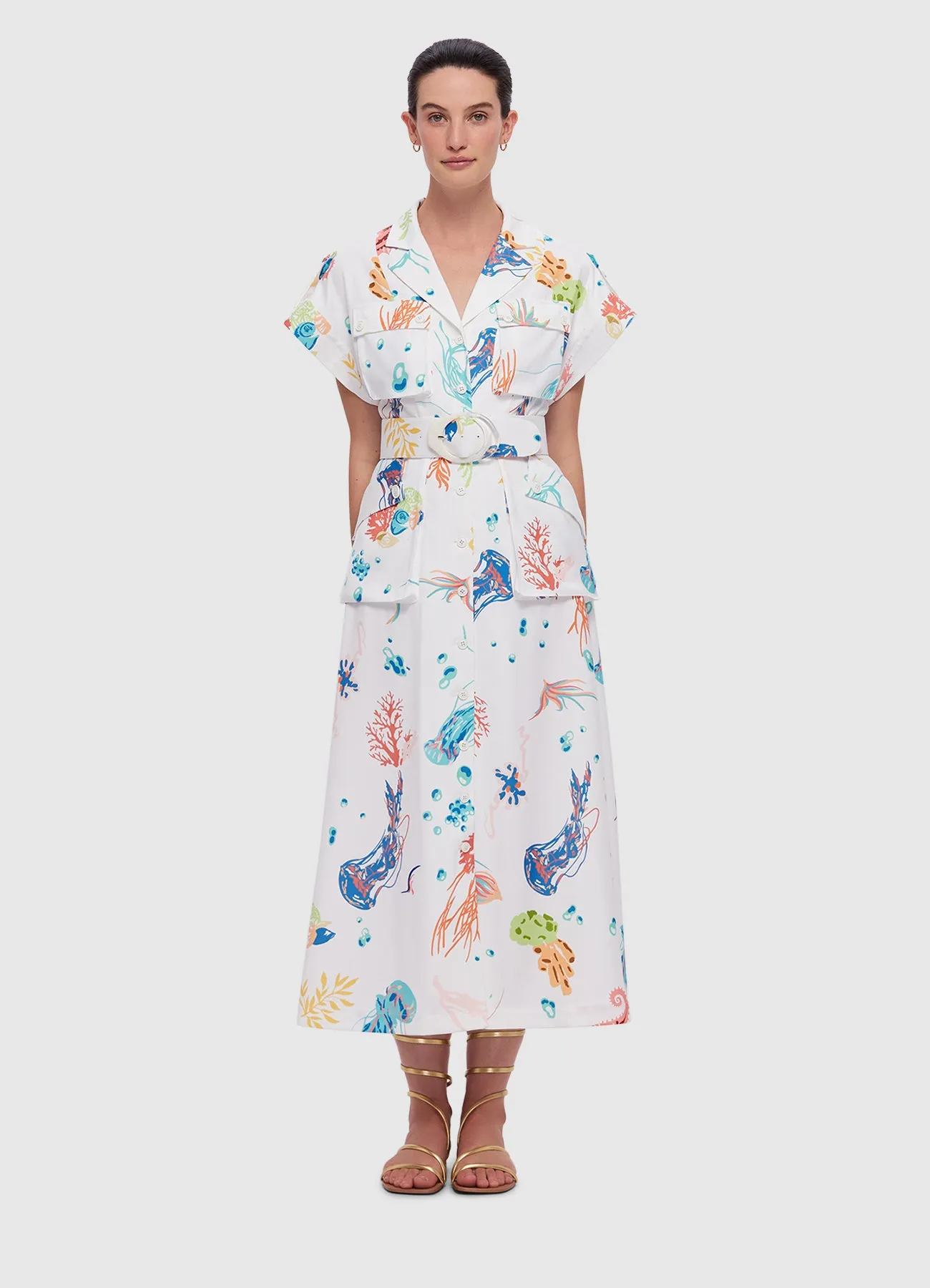 Audrey Pocket Shirt Midi Dress - Twilight Print in White