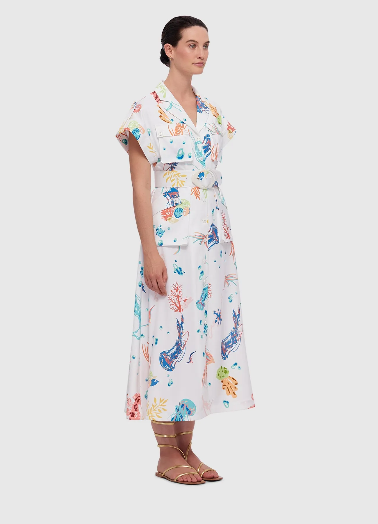 Audrey Pocket Shirt Midi Dress - Twilight Print in White