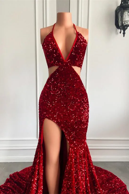 Ballbella Red Sequins Prom Dress High Slit Halter