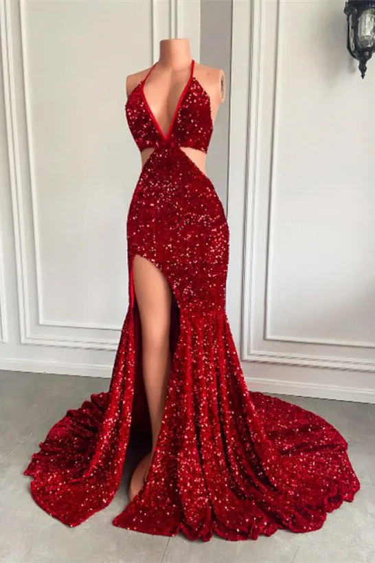 Ballbella Red Sequins Prom Dress High Slit Halter