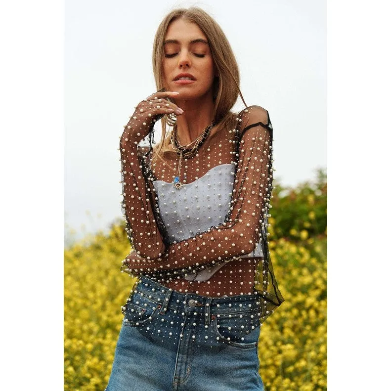 Bead and Pearl Embellished Long Sleeves Mesh Top