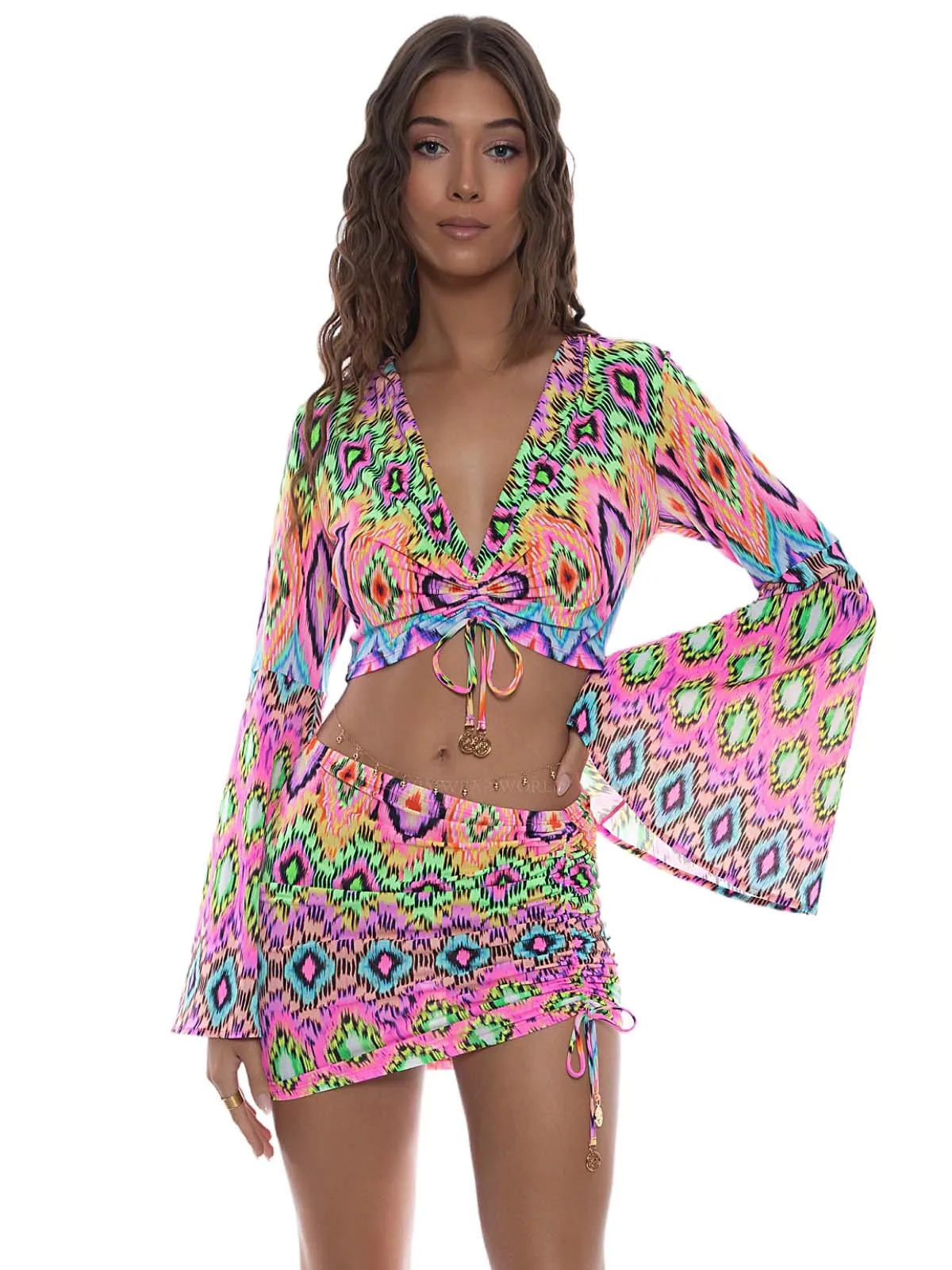 Bell Sleeve Scrunched Crop-Scrunch Up Mini Skirt