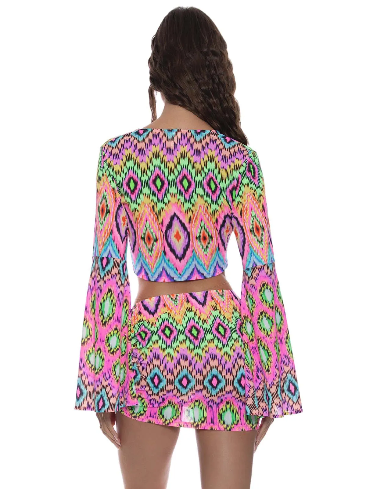 Bell Sleeve Scrunched Crop-Scrunch Up Mini Skirt