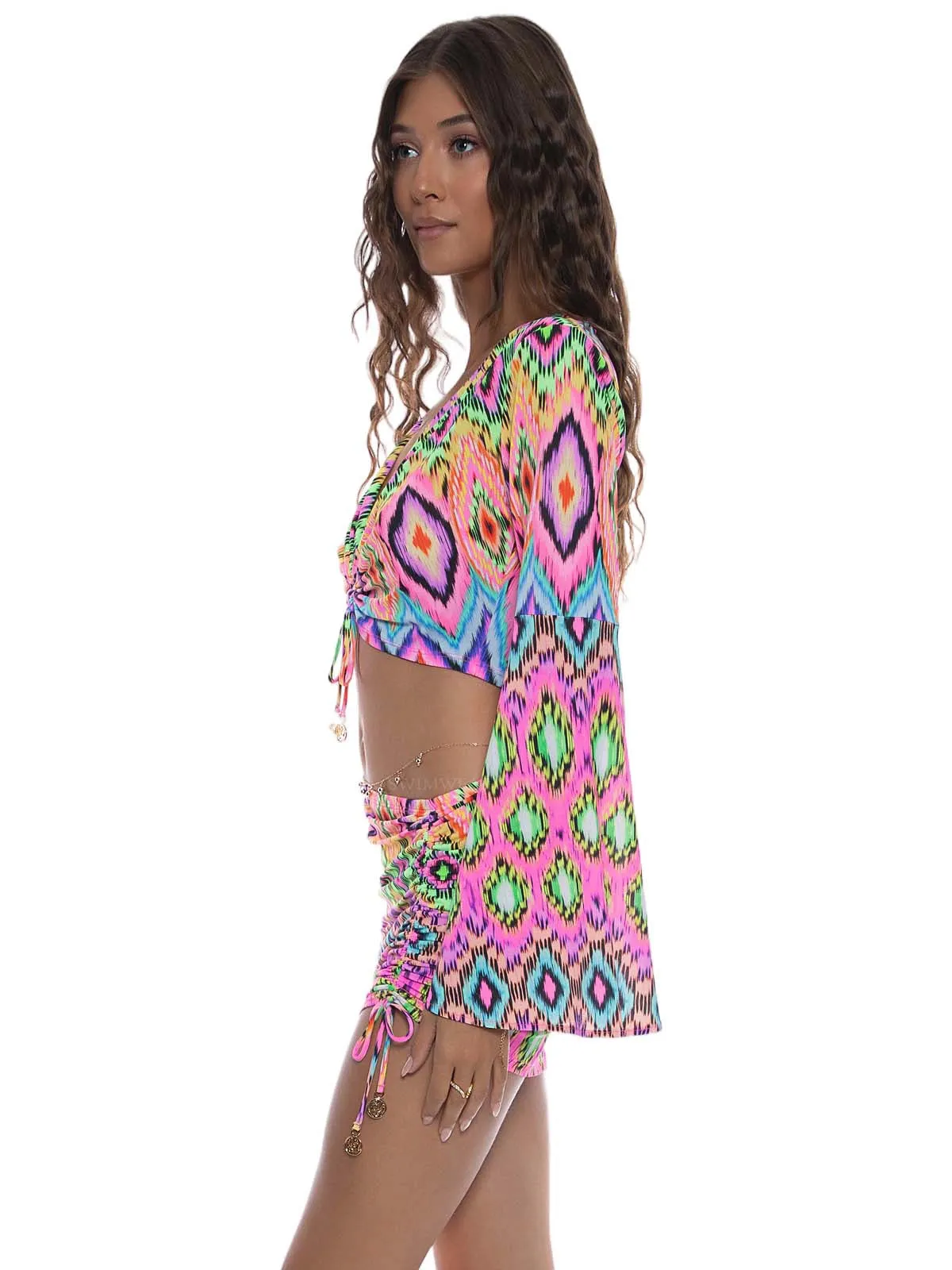 Bell Sleeve Scrunched Crop-Scrunch Up Mini Skirt