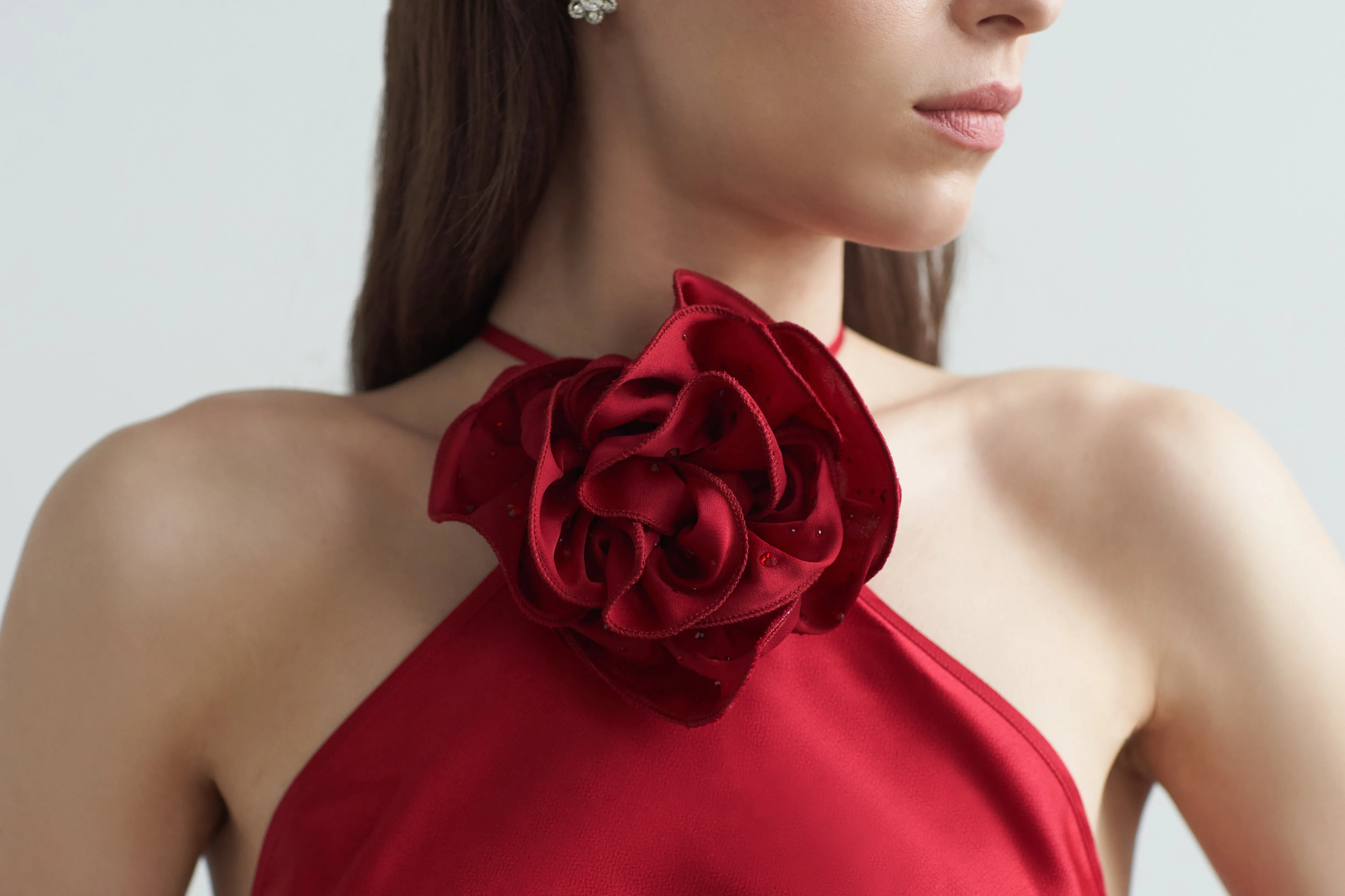 Belle Halter Neck Silky Dress With Crystallised Floral Corsage
