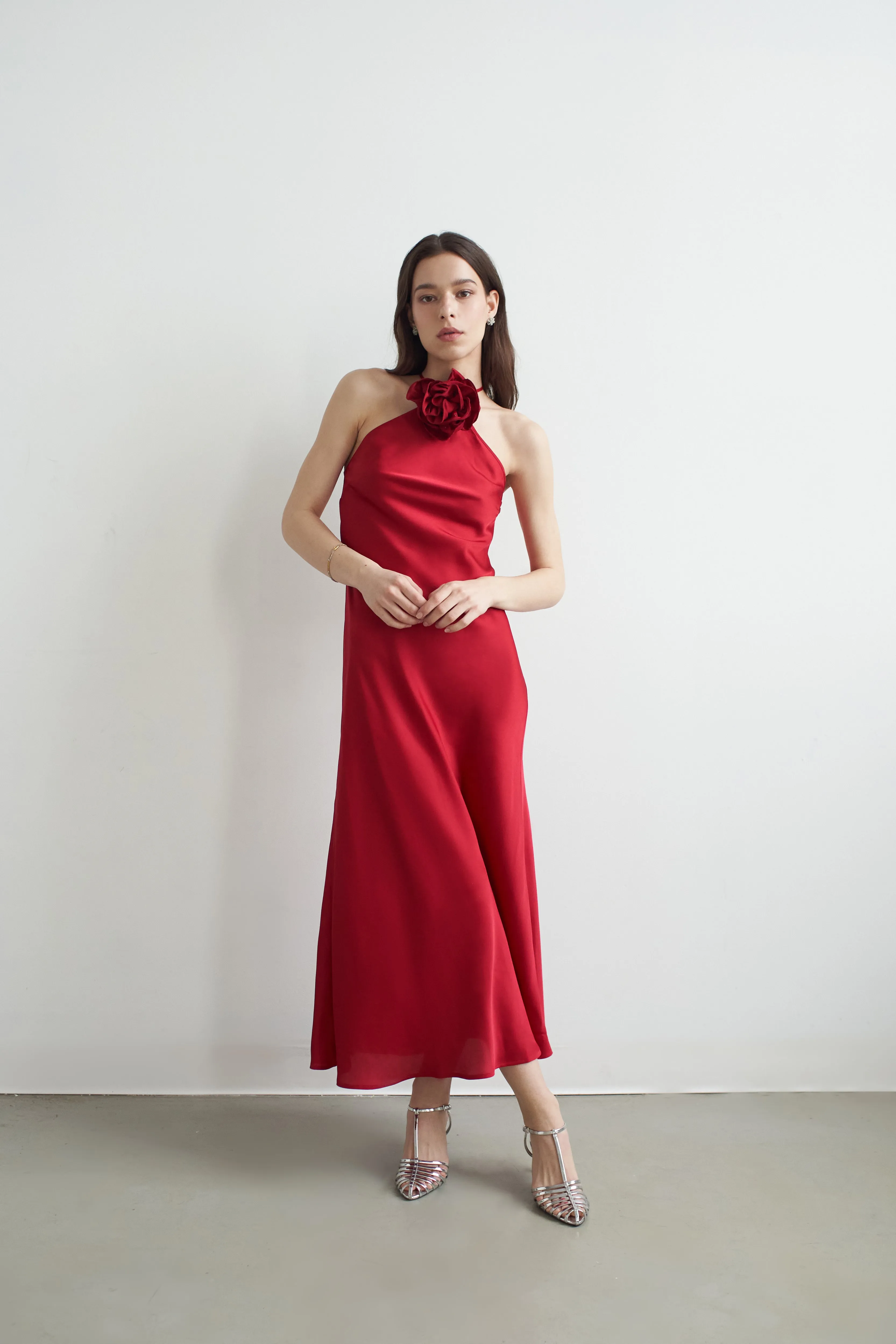 Belle Halter Neck Silky Dress With Crystallised Floral Corsage