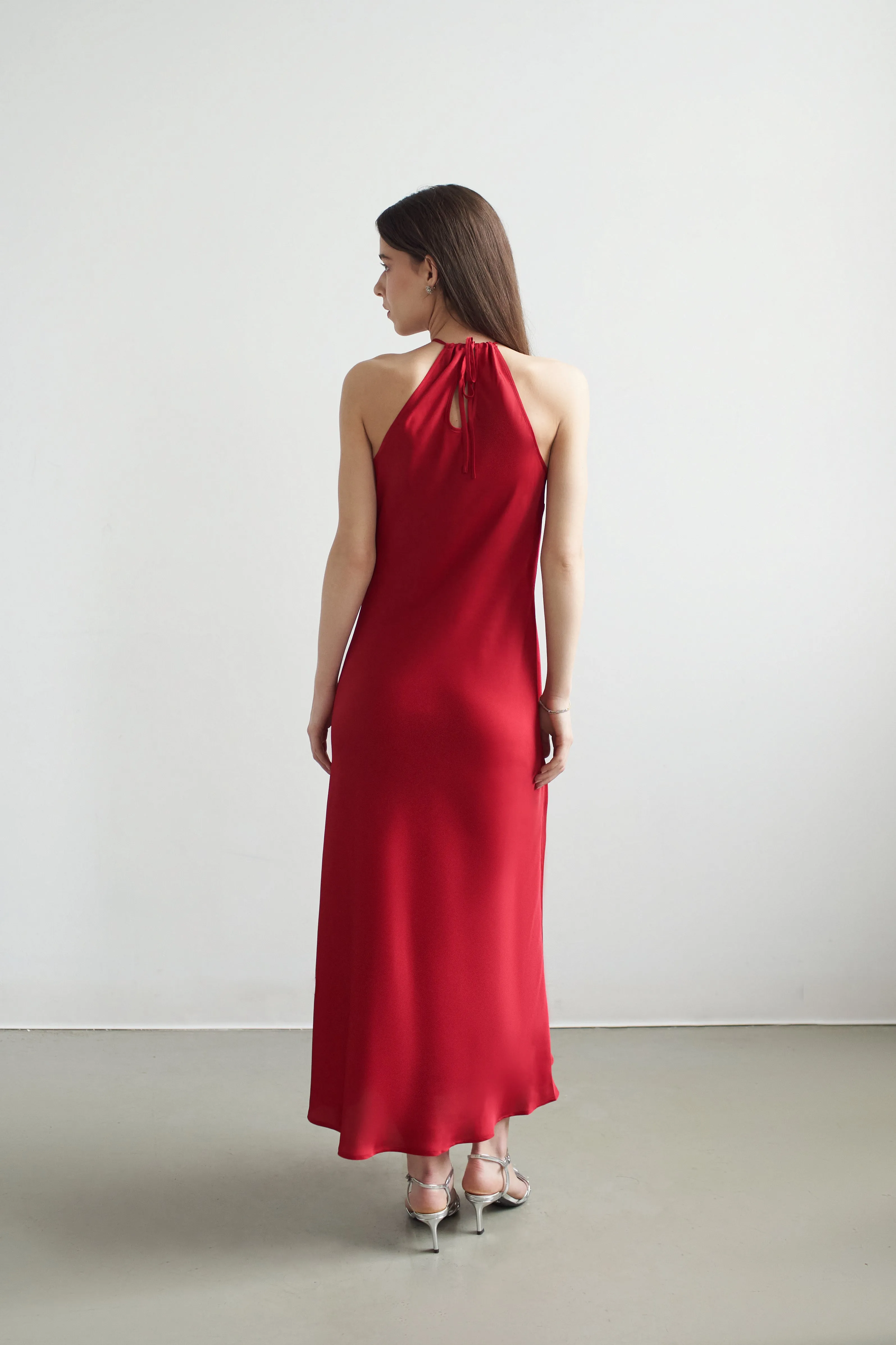 Belle Halter Neck Silky Dress With Crystallised Floral Corsage