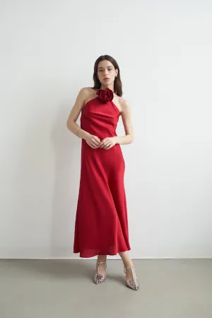 Belle Halter Neck Silky Dress With Crystallised Floral Corsage