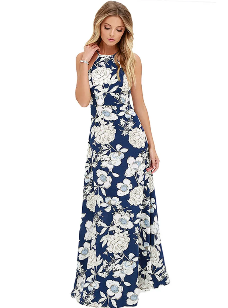BerryBetty - Halter Neck Floral Print Sleeveless Summer Dress